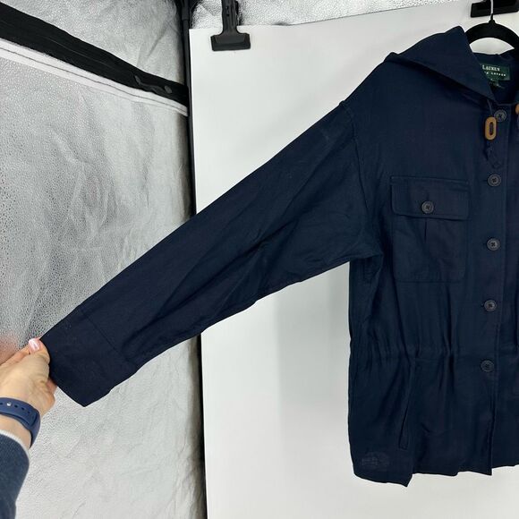 Vintage Lauren Ralph Lauren Linen Utility Jacket Navy Womens L Hooded Coastal - Picture 11 of 13